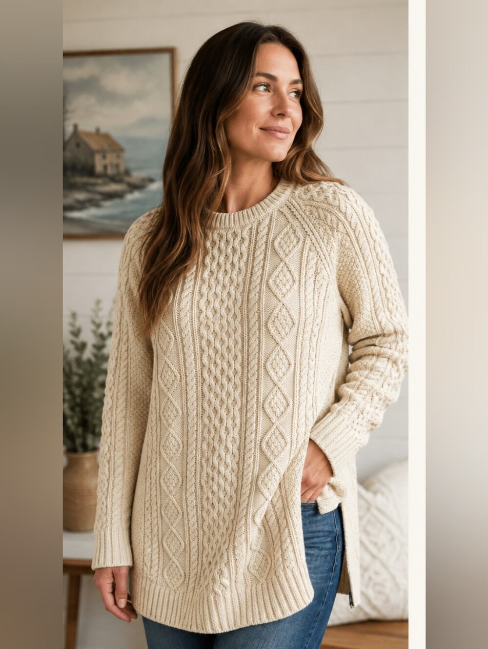 LL Bean Signature Fisherman Tunic Sweater L Cream Cotton Aran Cozy Cable Knit